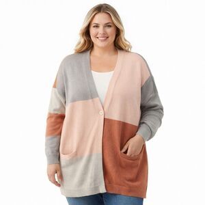 Pure Jill Cardigan Sweater Womens XL Colorblock V Neck Knit Pink Gray Pockets